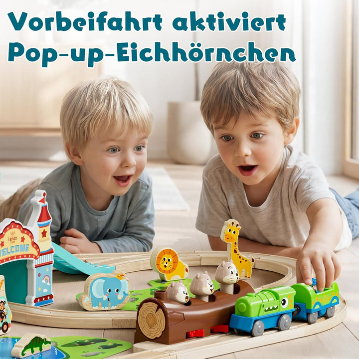 Lehoo Castle Holzeisenbahn mit Elektrischer Lok Dinosaurier, Freizeitpark Holz Eisenbahn Kinder, Hol
