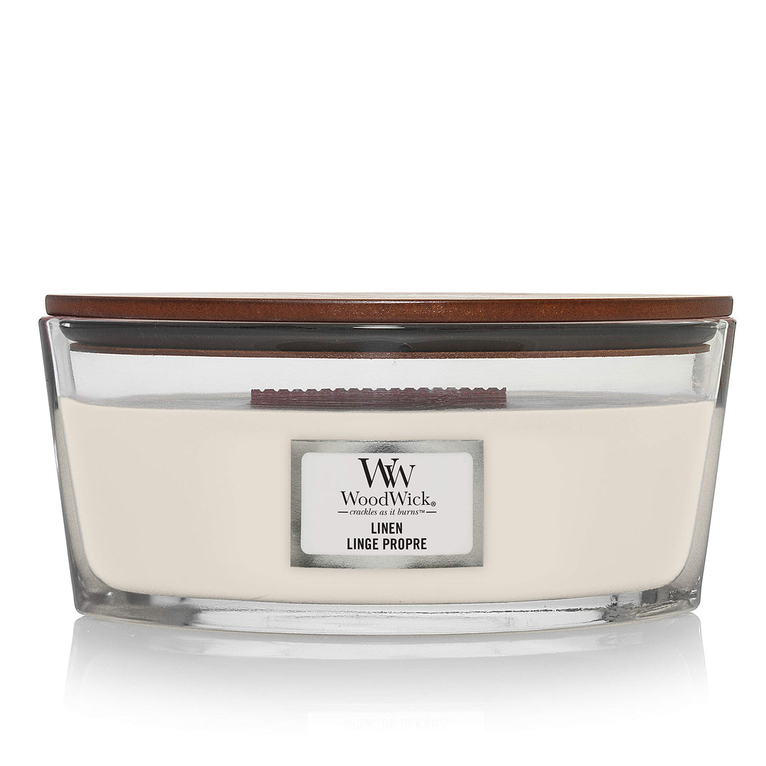 Ellipsenförmige WoodWick Duftkerze mit knisterndem Docht, Linen, bis zu 50 Stunden Brenndauer, 454g