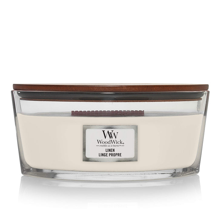 Ellipsenförmige WoodWick Duftkerze mit knisterndem Docht, Linen, bis zu 50 Stunden Brenndauer, 454g