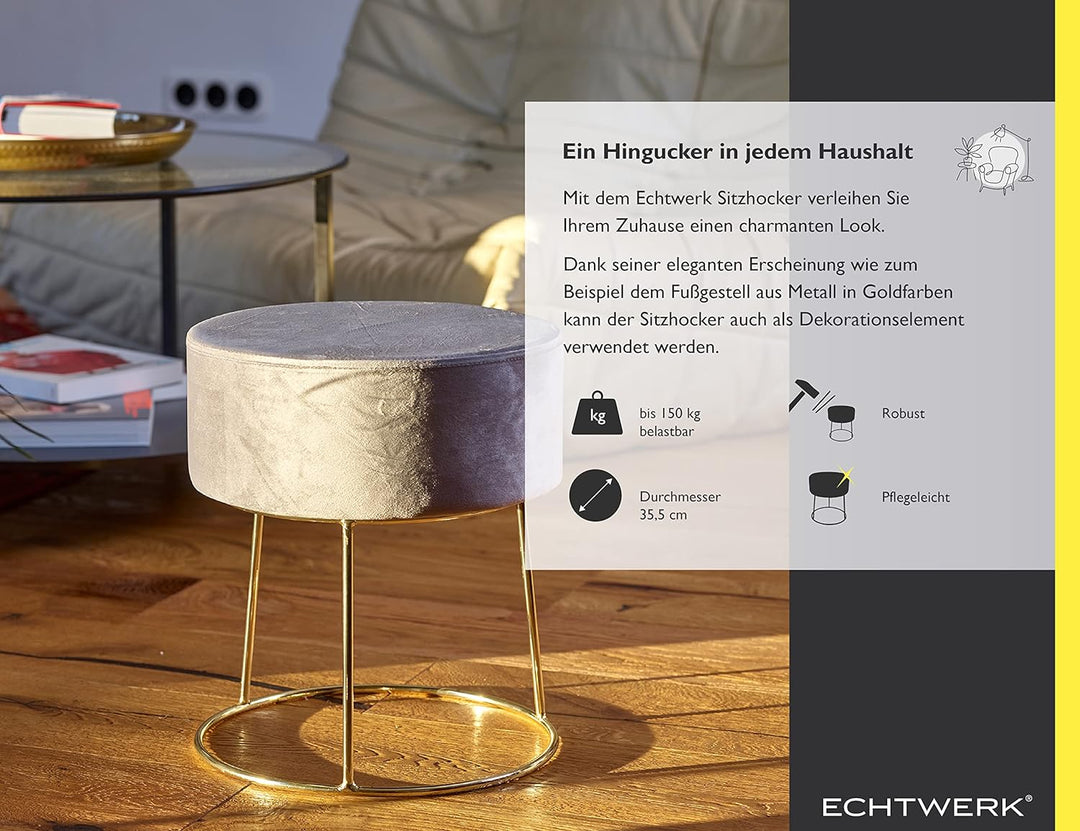 ECHTWERK runder Sitzhocker Marilyn, Polsterhocker aus Samtstoff, Schminkhocker mit Metallbeinen in G