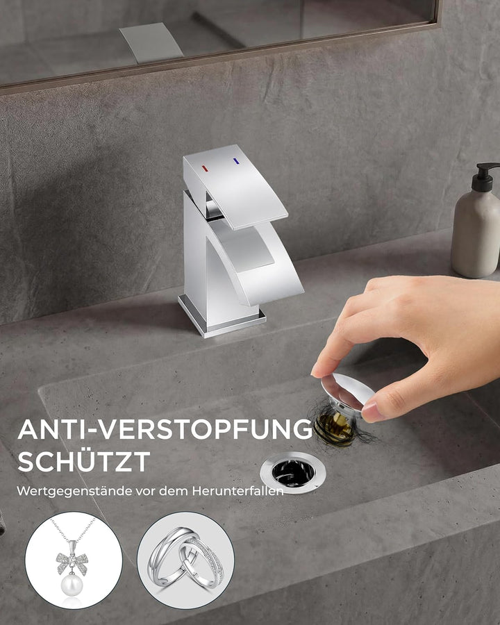 FORIOUS Wasserhahn Bad mit Ablaufgarnitur, Wasserfall Waschtischarmatur mit Auslauf Höhe 60 mm, Misc