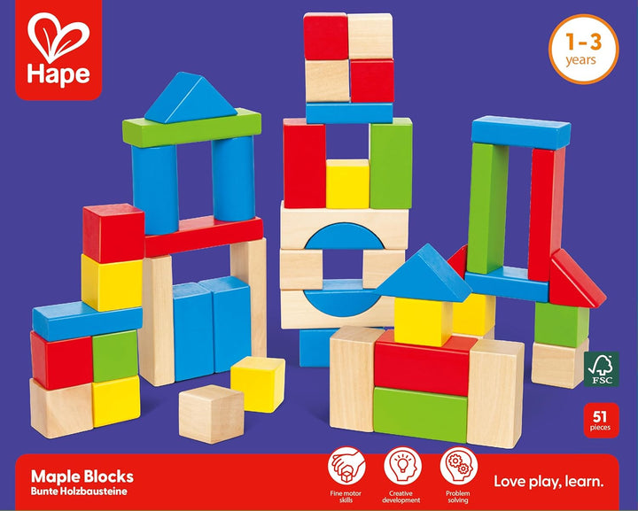 Hape Bunte Holzbausteine für Kinder Holzbausteine-Set zum Stapeln Lernspielzeug für Kleinkinder, 50