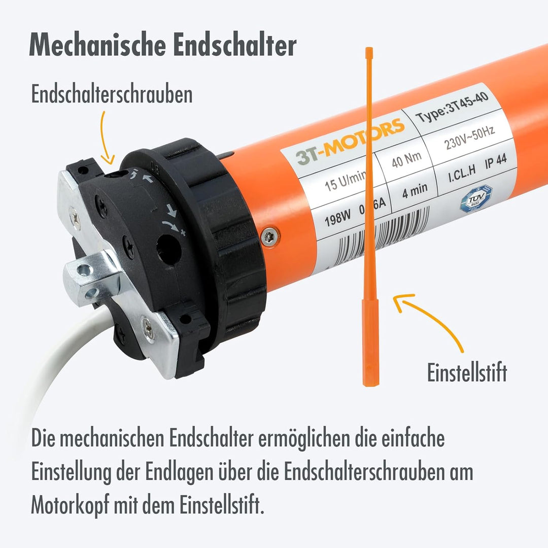 3T-MOTORS Markisenmotor Set 3T45-40 + AP-Schalter (Zugkraft 40 Nm/80 kg) für 85 mm Markisenwelle, zu