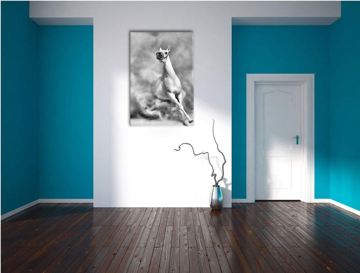 Pixxprint Weisses Pferd in der Wüste als Leinwandbild | Grösse: 100x70 cm | Wandbild | Kunstdruck |