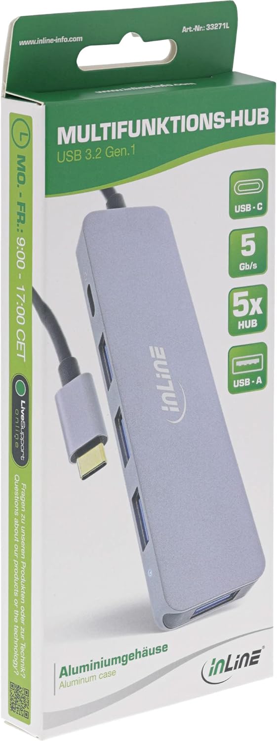 InLine USB 3.2 USB-Typ C Multi Hub (4X USB-A 5Gb/s + USB Typ-C (Data/PD 87W), OTG, Aluminiumgehäuse,