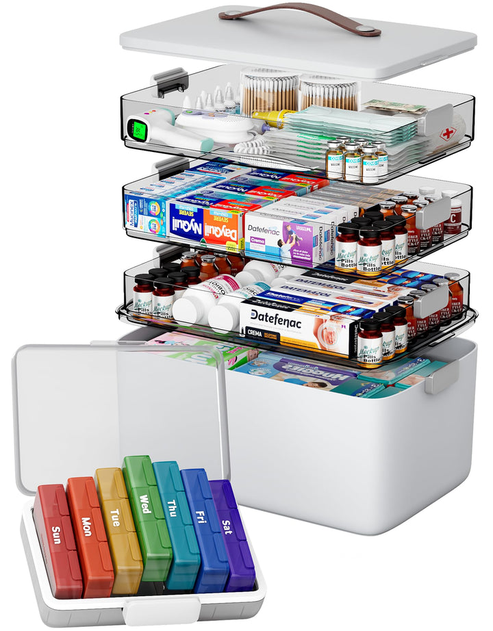 CTIME 4-lagige XXL-Medikamentenbox (Set) – Tragbarer Organizer mit Ledergriff, leerer Aufbewahrungsk