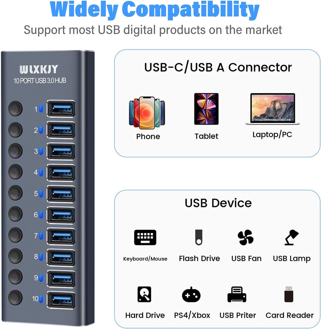 Aktiver 3.0 USB Hub mit 72W (24V/3A) Netzteil, 10 Aluminium Ports USB 3.0 Hub zum Laden und Hochgesc
