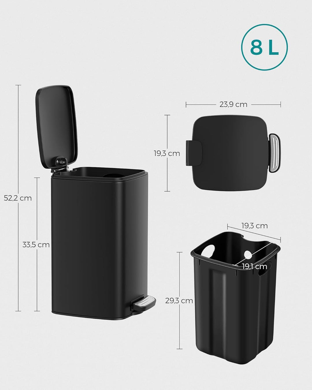 SONGMICS Kosmetikeimer, 8 Liter, Mülleimer Bad, kleiner Abfalleimer, Tretmülleimer, mit Pedal, für k
