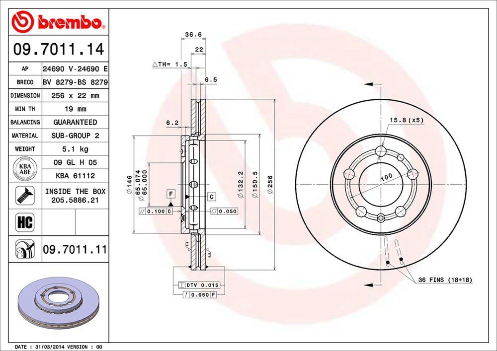 Brembo 09.7011.11 Vordere Bremsscheibe mit UV Lackierung, Anzahl 2