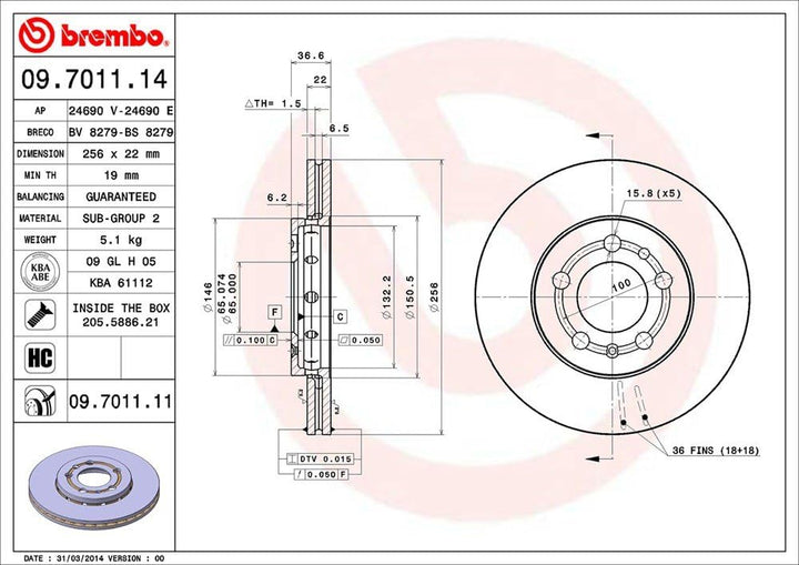 Brembo 09.7011.11 Vordere Bremsscheibe mit UV Lackierung, Anzahl 2