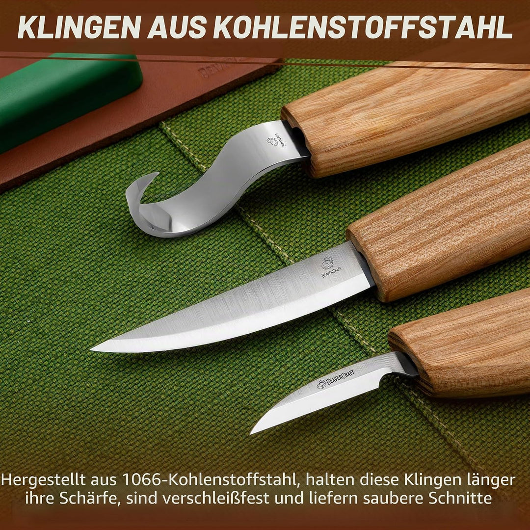 BeaverCraft S13L Holzschnitzerei Werkzeuge Set für Löffelschnitzen 3 Messer in Werkzeugsrolle Abzieh