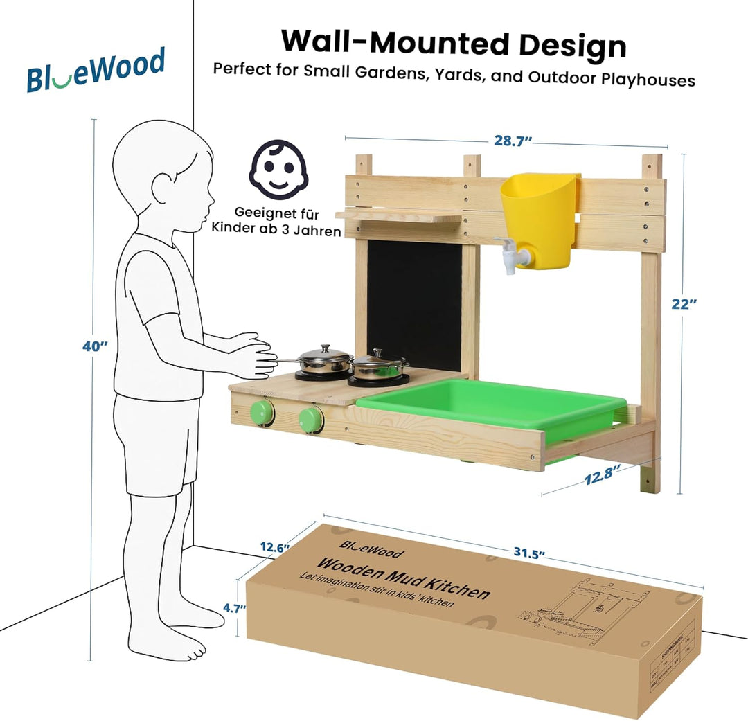 BlueWood Matschküche Kinder Outdoor, Holzspielzeug, Kinderküchen-Spielset mit, Spielfutter, Küchenzu