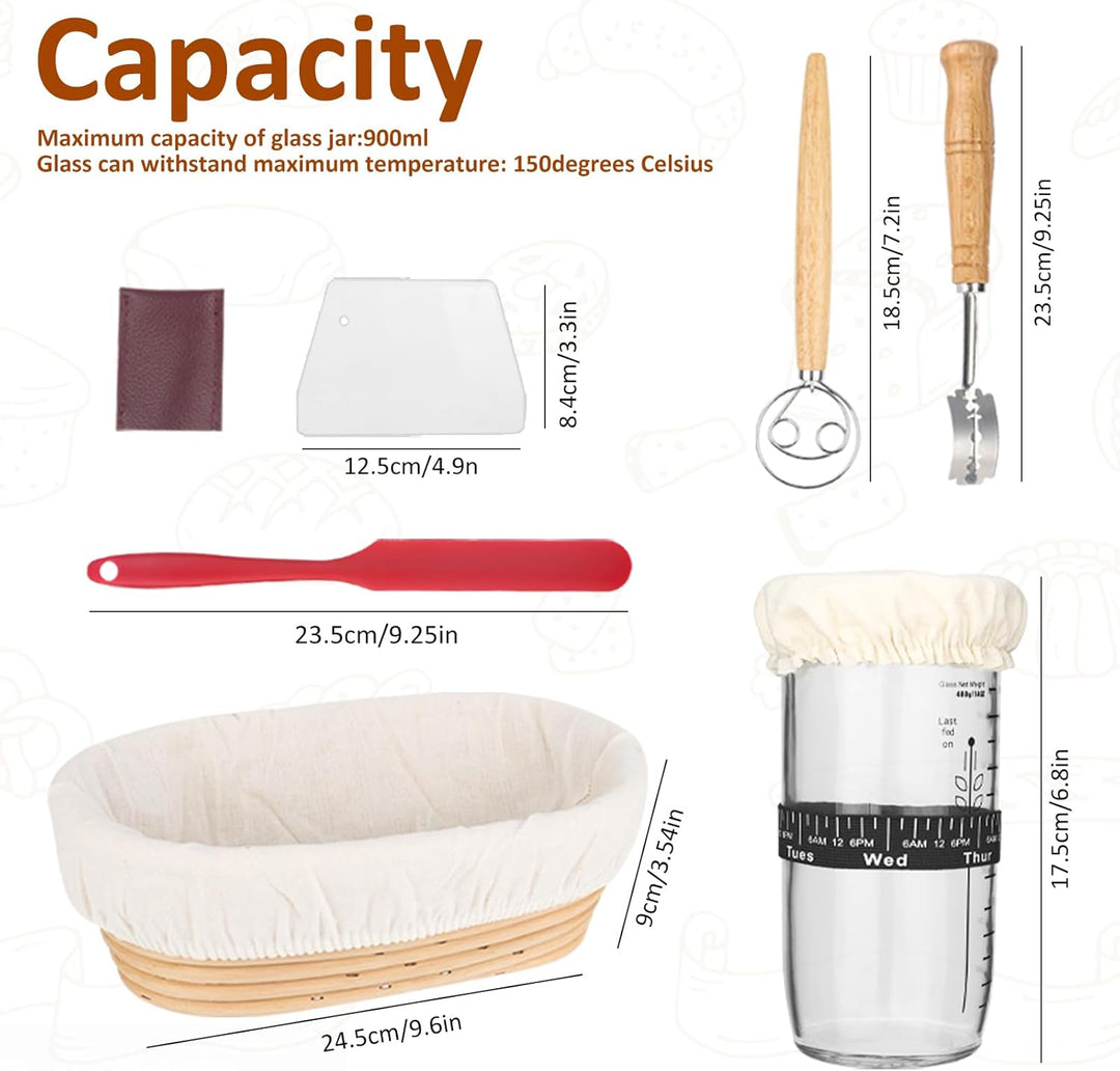 Gärkörbchen 10 Zoll, 7-teilig Sauerteig Brot Gärkorb Set, Sauerteig Starter Set Glas 700ml, 100% Nat