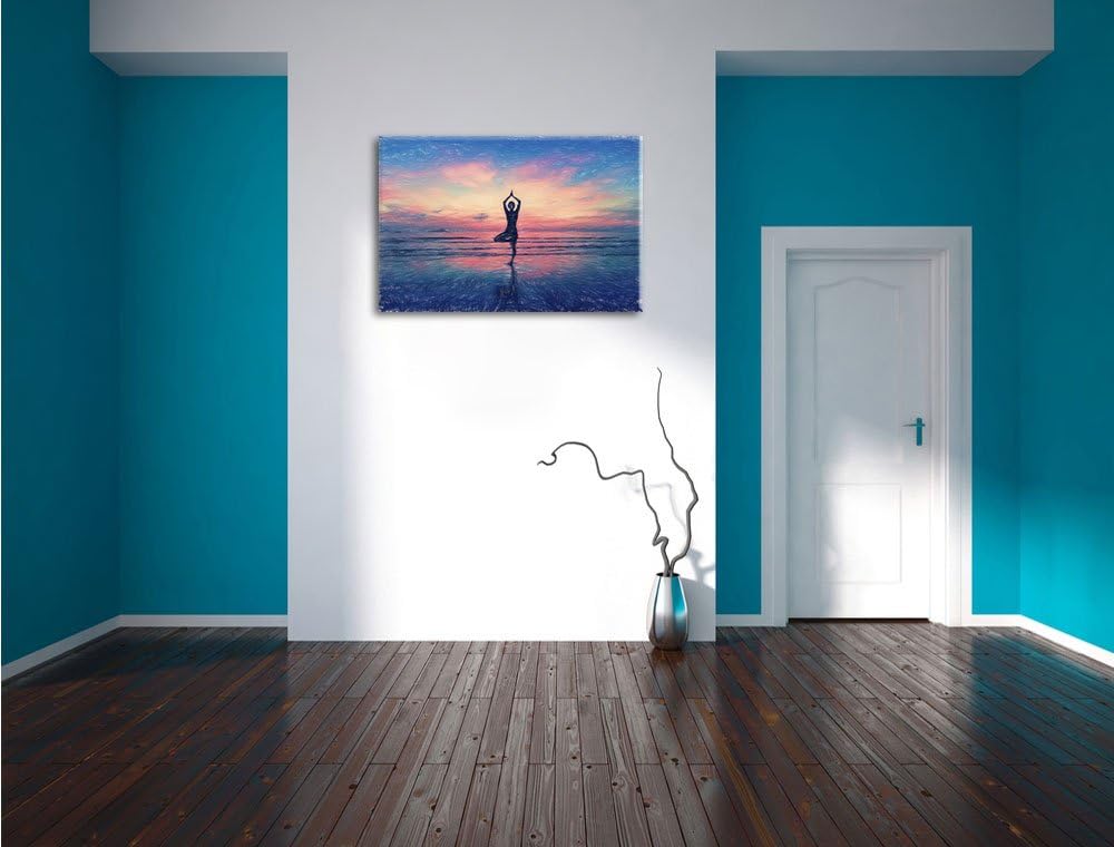 Pixxprint Yoga am Strand / 100x70cm Leinwandbild bespannt auf Holzrahmen/Wandbild Kunstdruck Dekorat