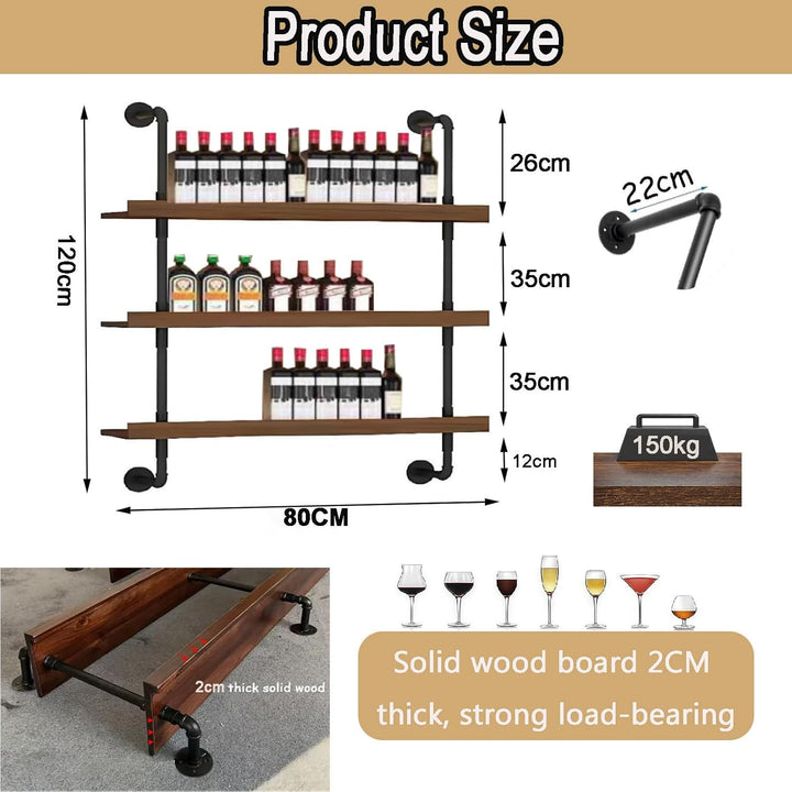 80CM Weinregal Wand Massivholz, 3 Ebenens chwebendes Flaschenregal im Industrie-Stil, Multi funktion