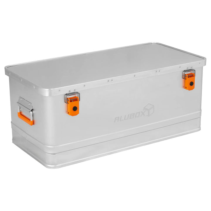 Alubox Werkzeugtruhe EASY 81 Liter Werkzeugkiste silber Alu glänzend - orange Schnallen - Aussenmass