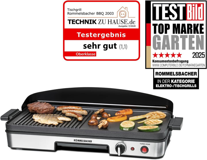 ROMMELSBACHER Tischgrill BBQ 2003 - Turbo-Grillzone, 3-Lagen-Antihaftbeschichtung, Grillfläche 50 x