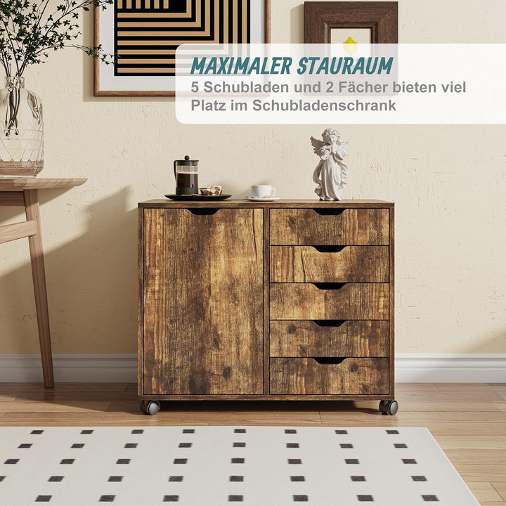 Relaxdays Rollcontainer, 5 Schubladen & 2 Fächer, HBT: 65x78x40 cm, Büroschrank, Aktenschrank mit Ro