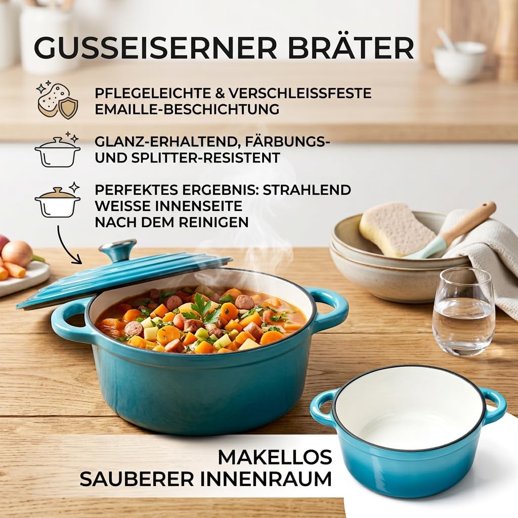 Gusseisen Topf 20cm mit Deckel,Dutch Oven 2L Emaillierter Brotbacktopf zum Brot Backen, Schmortopf I