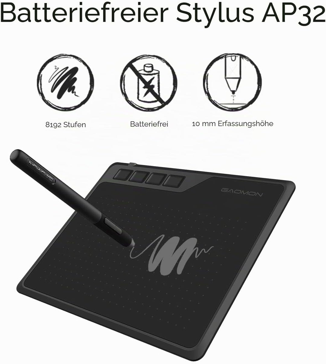 GAOMON S620 Stifttablett (mit 4 Tasten und batterielosem Stift) zum Handschrift &amp; Zeichnen, kompatib