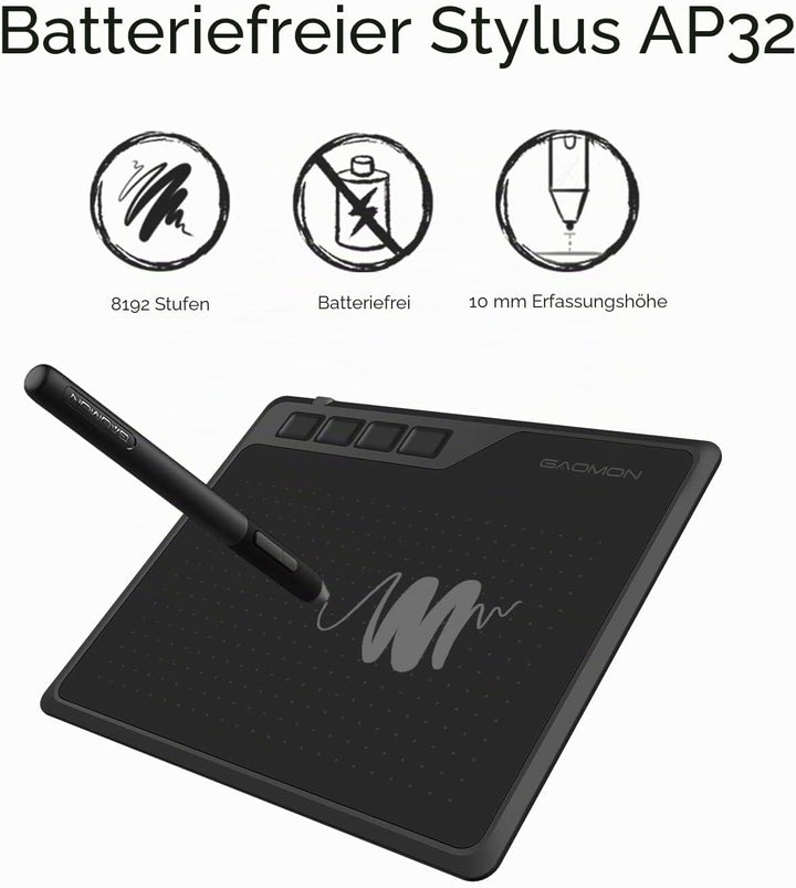 GAOMON S620 Stifttablett (mit 4 Tasten und batterielosem Stift) zum Handschrift &amp; Zeichnen, kompatib