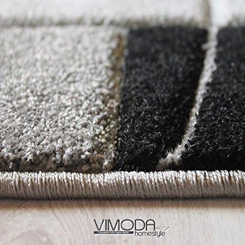 VIMODA Teppich Modern Klassiker Kurzflor dicht gewebt mit Bordürenmotiv grau weiss schwarz und Kontu