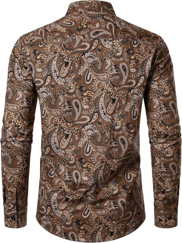 JOGAL Herren Regular Fit Floral Business Hemd Langarm Button Down Print Freizeithemd S Braun Paisley