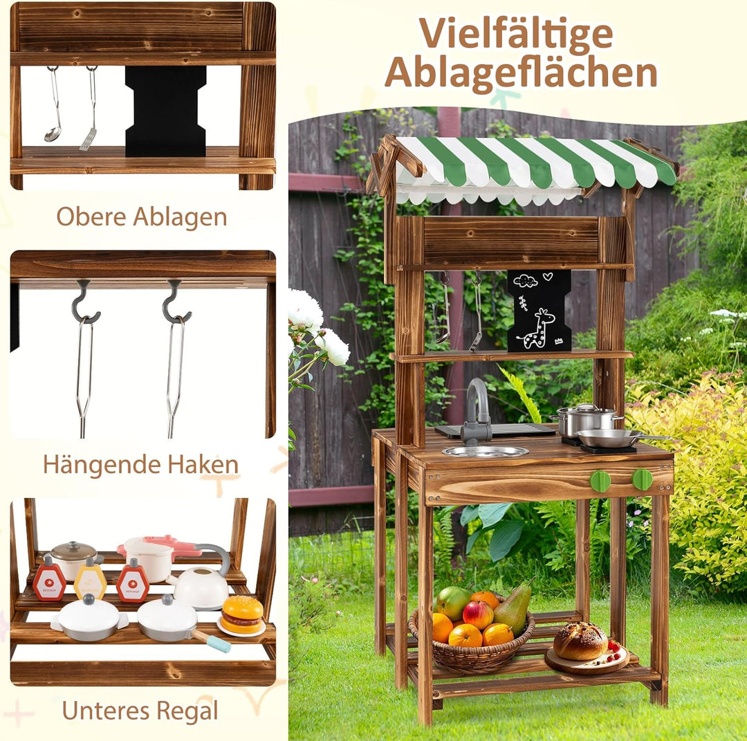 COSTWAY Matschküche Kinder Outdoor, Doppelseitige Kinderküche mit Dach, Schultafel, Spüle & Wasserha