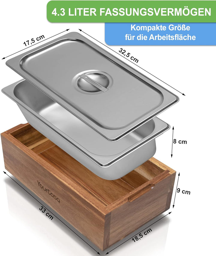 YourCasa® Biomülleimer Küche - Akazien Holz & Edelstahl für alltäglichen Bio Müll - Spülmaschinenfes