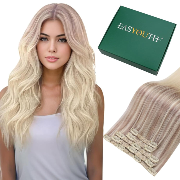 Easyouth Clip Extensions Echthaar Blond Clip in Echthaar Extensions Aschblond Mischen Sie mit Mittel