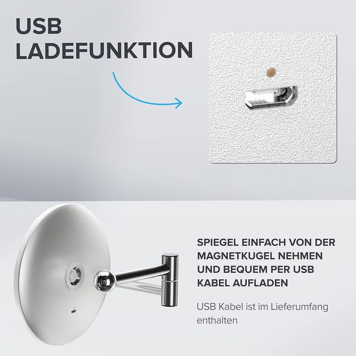 ovimar Kosmetikspiegel Vorupor Silber | mit Beleuchtung | wiederaufladbar | Wandmontage ohne Bohren