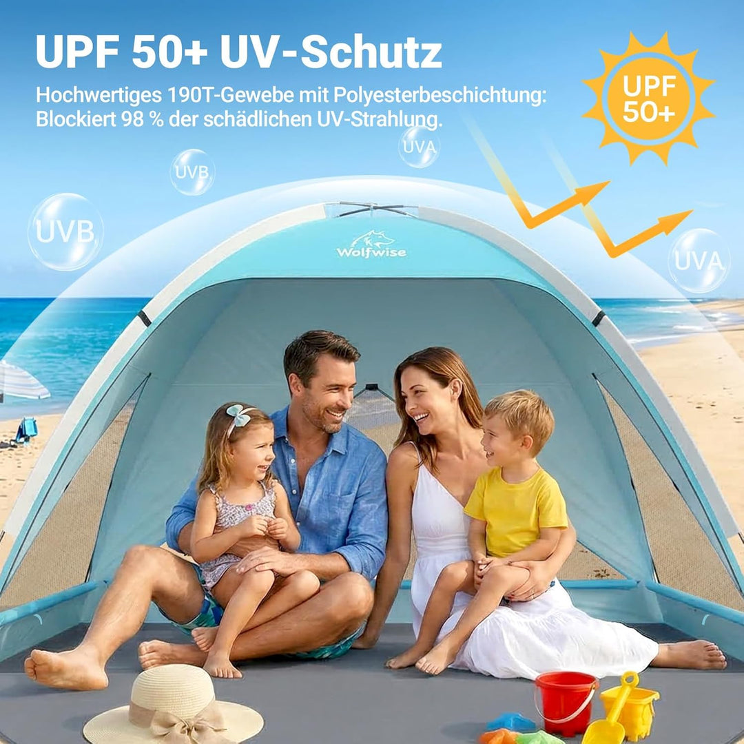Wolfwise grosse Strandmuschel UV Schutz für 3-4 Personen, Strandzelt grosszügig mit Sonnenschutz UPF