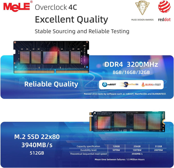 MeLE Overclock4C Mini-PC – N300, 16GB RAM, 512GB, HDMI, PCIe 3.0 x4, USB-C PD 3.0 – Ideal für Büro/I