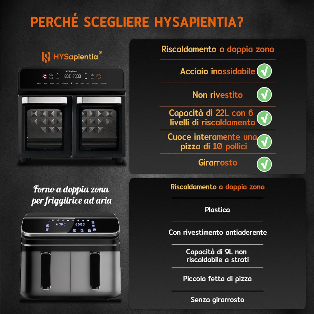 HYSapientia 22 Liter Backofen Heissluftfritteuse Doppelkorb Heissluftfritteuse 2400W Luftfritteuse 2