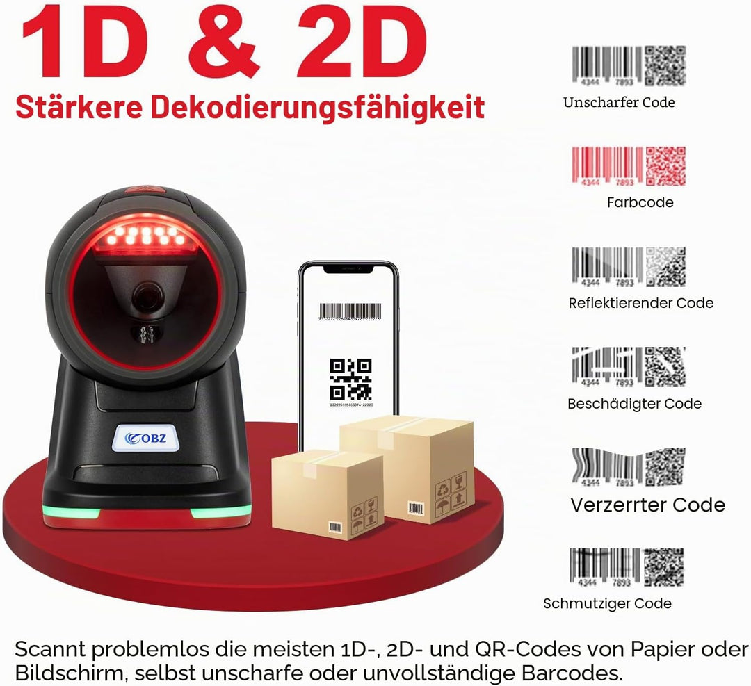 OBZ Desktop Barcode Scanner 1D 2D QR-Code | USB-Kabelgebundener Hands-Free mit Omnidirektionalem Sca