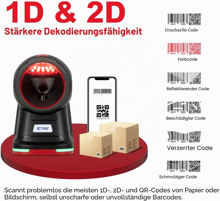OBZ Desktop Barcode Scanner 1D 2D QR-Code | USB-Kabelgebundener Hands-Free mit Omnidirektionalem Sca