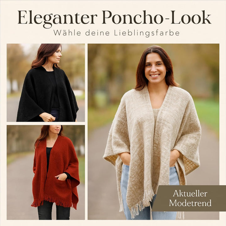 Poncho Damen Überwurf – Weicher wärmender Komfort – Karierter Fransen-Look in One Size M Beige, M Be