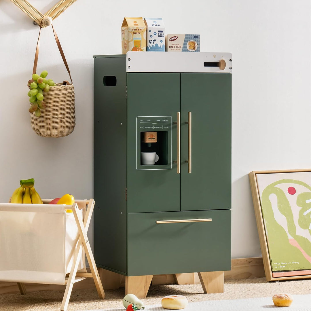ROBOTIME Holzspielzeug Kühlschrank - Kinder Küchenspielset mit Eiswürfelausgabe & Zubehör, Spiel Küh