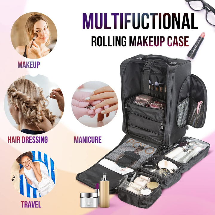 Kemier Make up Koffer, Weiche Zweiseitige Nylon Rollen Mobiler Kosmetik Organizer mit Tasche, Schwar