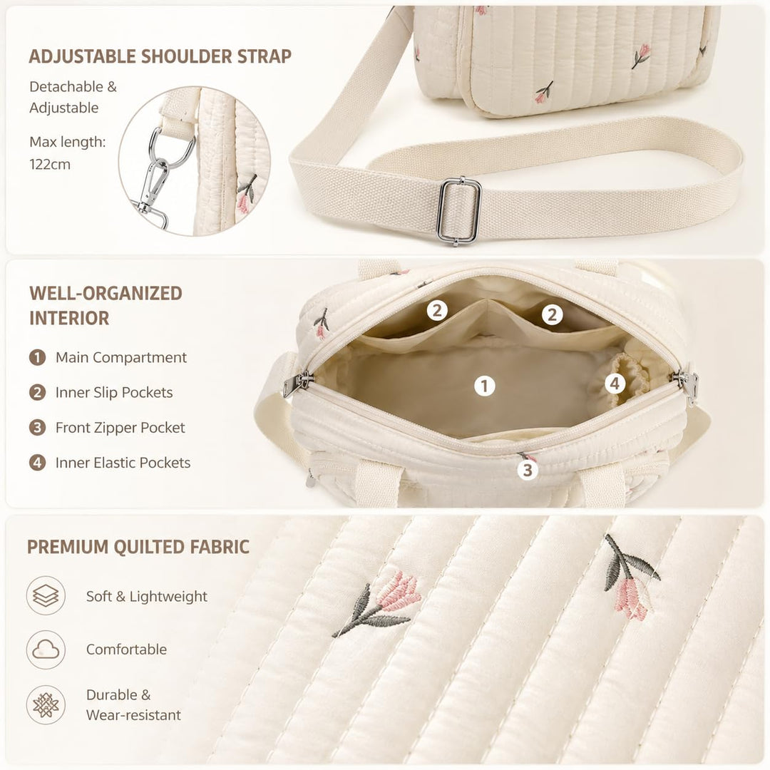 Wickeltasche, Mommy Bag Blumen, Kleine Gesteppte Tasche mit bestickten Blumenmotiven, Tragegriffen u