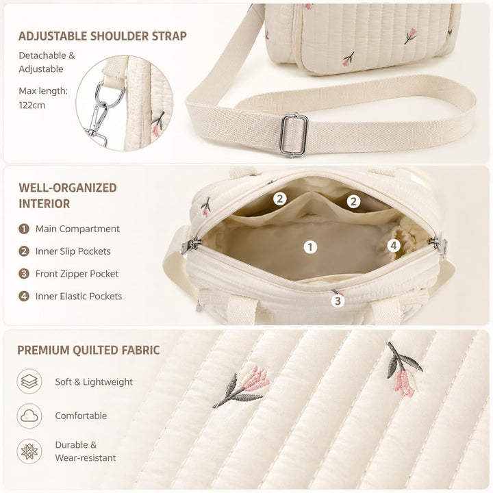Wickeltasche, Mommy Bag Blumen, Kleine Gesteppte Tasche mit bestickten Blumenmotiven, Tragegriffen u