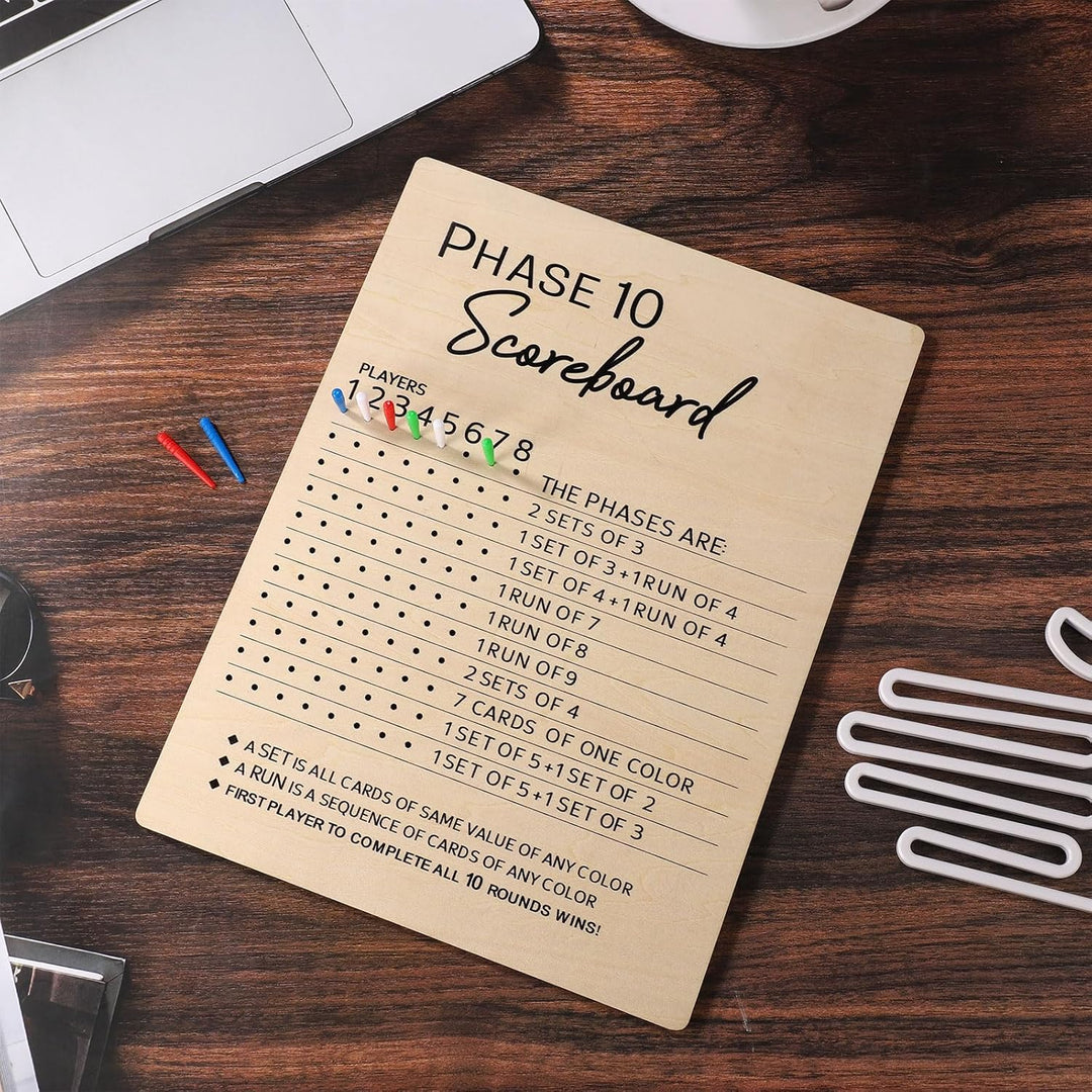Phase 10 Anzeigetafel, 2025 Spass aus Holz Phase 10 Punktetafel mit 8 Farbigen Stift Tischtafel Phas