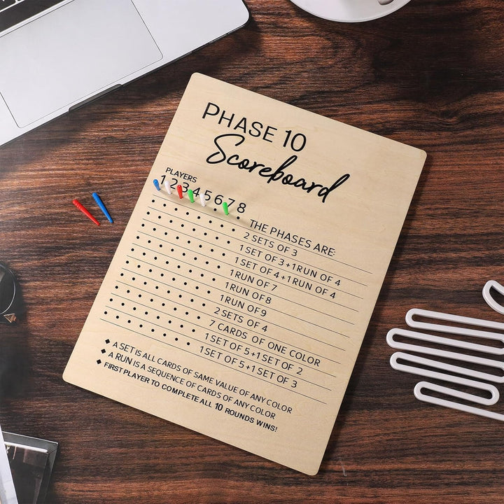 Phase 10 Anzeigetafel, 2025 Spass aus Holz Phase 10 Punktetafel mit 8 Farbigen Stift Tischtafel Phas