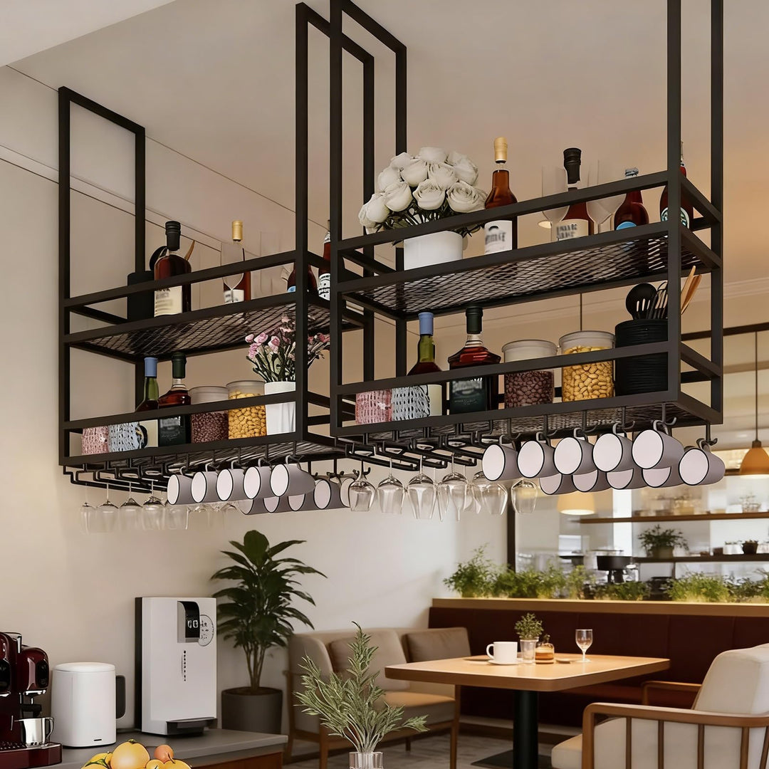 Industrielle Deckenregal Weinregal mit Glashalter, Hängend Metall Weinflaschenhalter, 2 Lagiger Häng