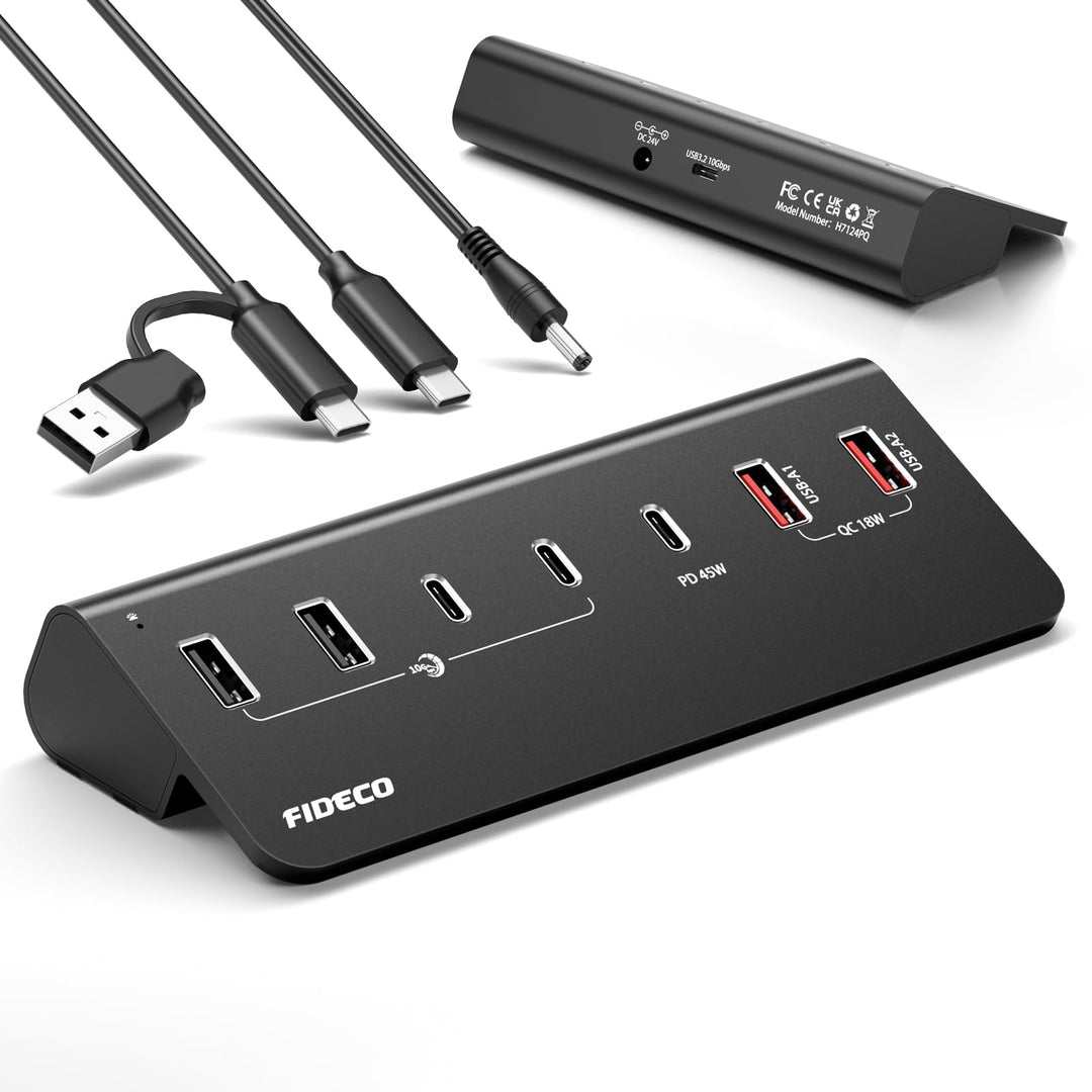 FIDECO 7-Ports 72W USB Hub mit Netzteil, USB Hub Aktiv mit 1 PD 45W, 2 QC 3.0 Charging Port und 4 US