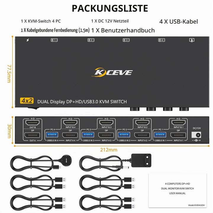KVM Switch 4 PC 2 Monitore HDMI Displayport 8K@60Hz 4K@144Hz, USB 3.0 KVM Switch Dual Monitor for 4
