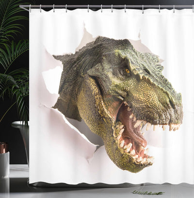 ABAKUHAUS Dinosaurier Duschvorhang, Dino zerreisst Papier, mit 12 Ringe Set Wasserdicht Stielvoll Mo