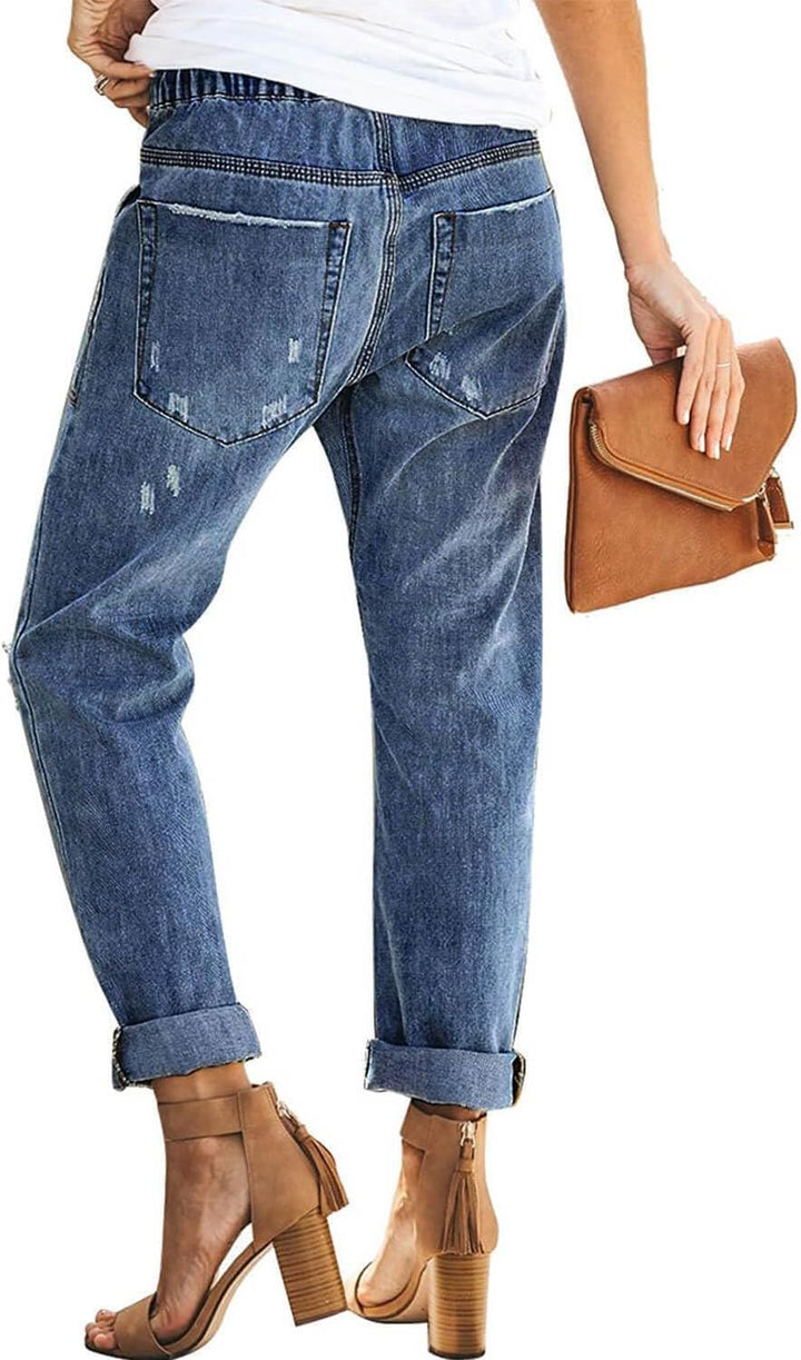 Alaster Queen Jeans Damen Lässig High Waist Jeans Baggy Jeans Damen Knie Zerrissen Jeans 209-marineb