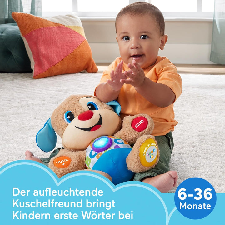 Fisher-Price Lernspass-Hündchen mit drei Stufen, sprechendes Kuscheltier mit Musik als Kinderspielze