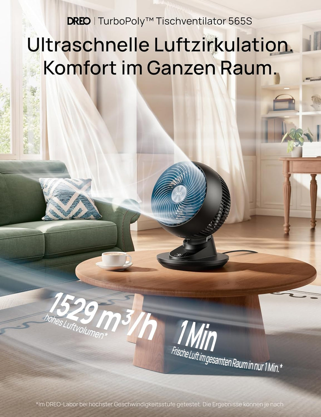 DREO 3D-Oszillierender Tischventilator für Schlafzimmer, 8,8 m/s starker Luftstrom, 22 dB leise, 90°